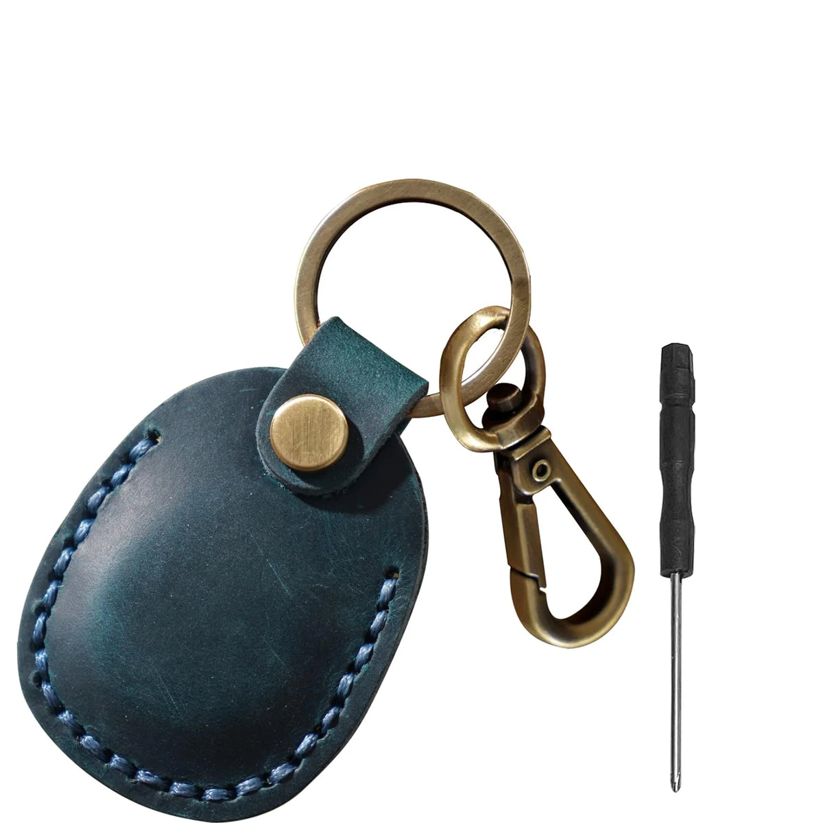 A brown MagSafe card wallet with a built-in AirTag pocket and a metal key attached.