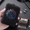 A black compact RFID-blocking card wallet with a solar symbol design is held in a hand next to a separate zippered card holde