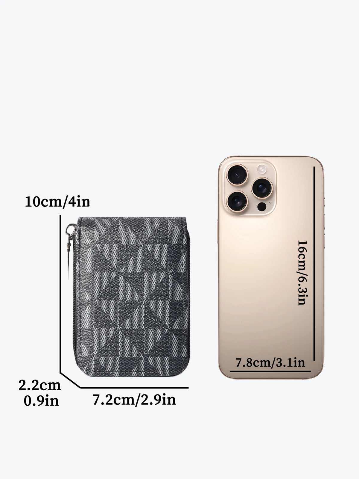 Beiger Herren-PU-Karteikorb mit Reißverschluss, neben einem Smartphone zur Skalierung.