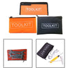Three tool kits in orange and black fabric organizer bags shown with tools inside.