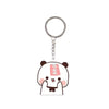 A white and pink cartoon panda resin keychain charm with a tag.