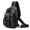 A camouflage tactical fishing gear storage chest bag with a black strap and multiple pockets.