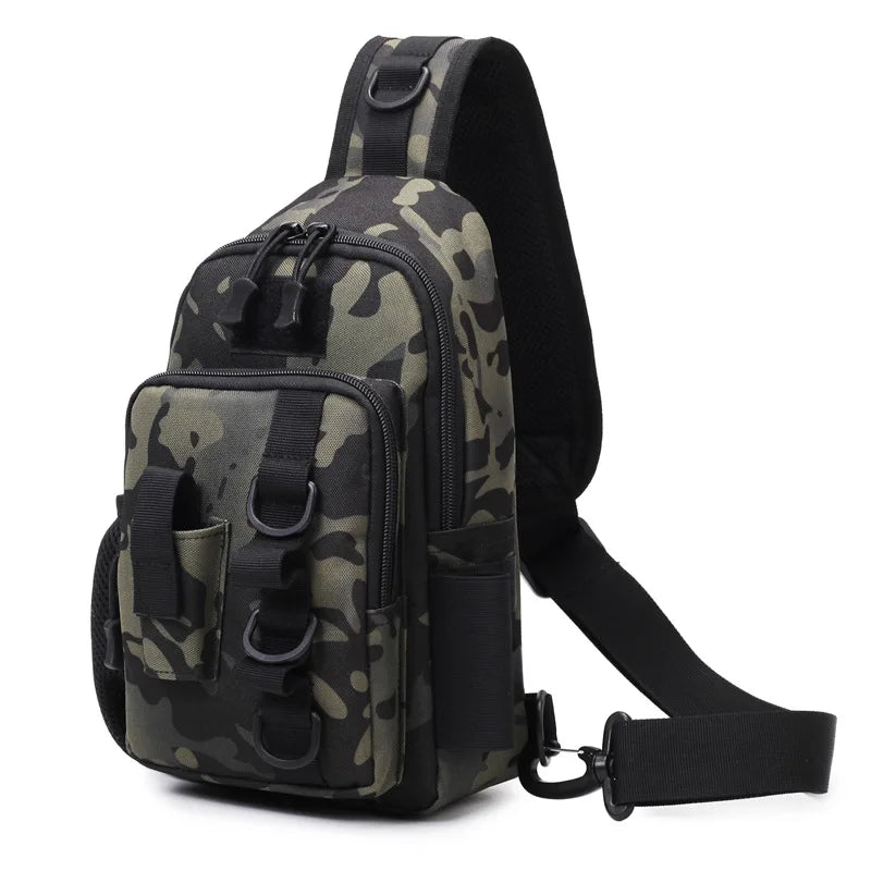 A camouflage tactical fishing gear storage chest bag with a black strap and multiple pockets.