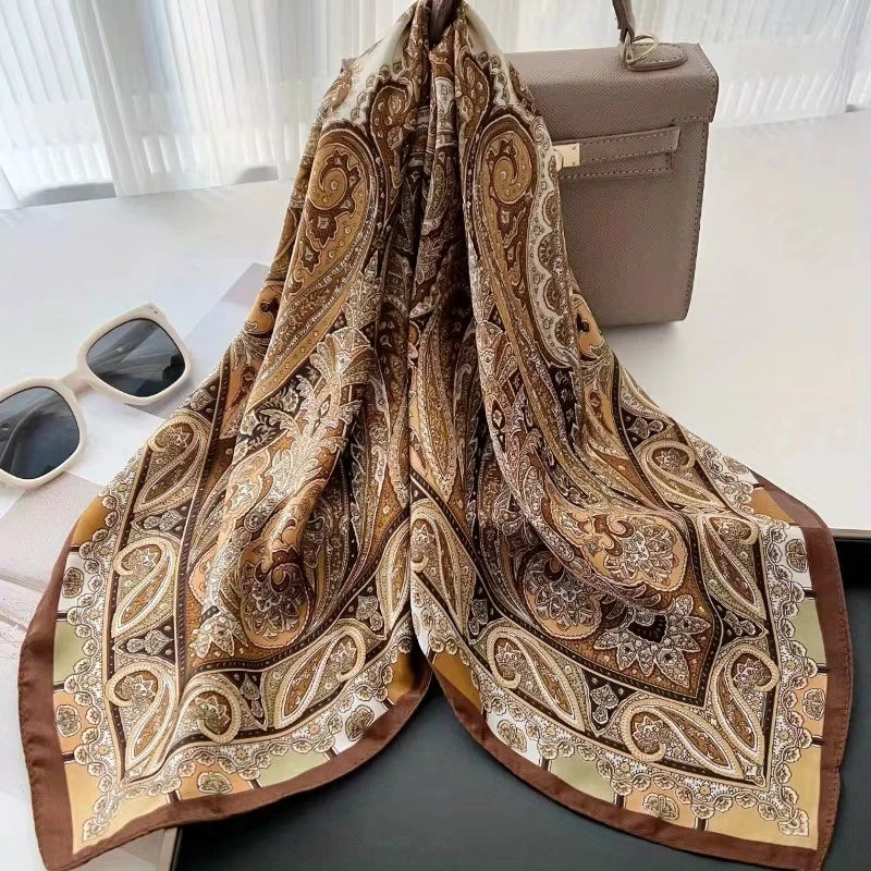 A brown and gold paisley silk hair scarf draped on a white surface.