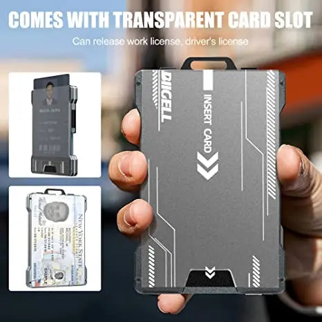 A dark gray card holder with a transparent slot for work licenses and driver's licenses is held in a hand.