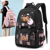 A black canvas backpack featuring a cute capybara print and pink accents, shown next to a person.
