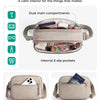 A beige crossbody shoulder bag organized with dual main compartments and internal slip pockets.