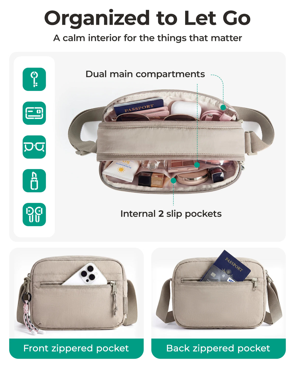A beige crossbody shoulder bag organized with dual main compartments and internal slip pockets.