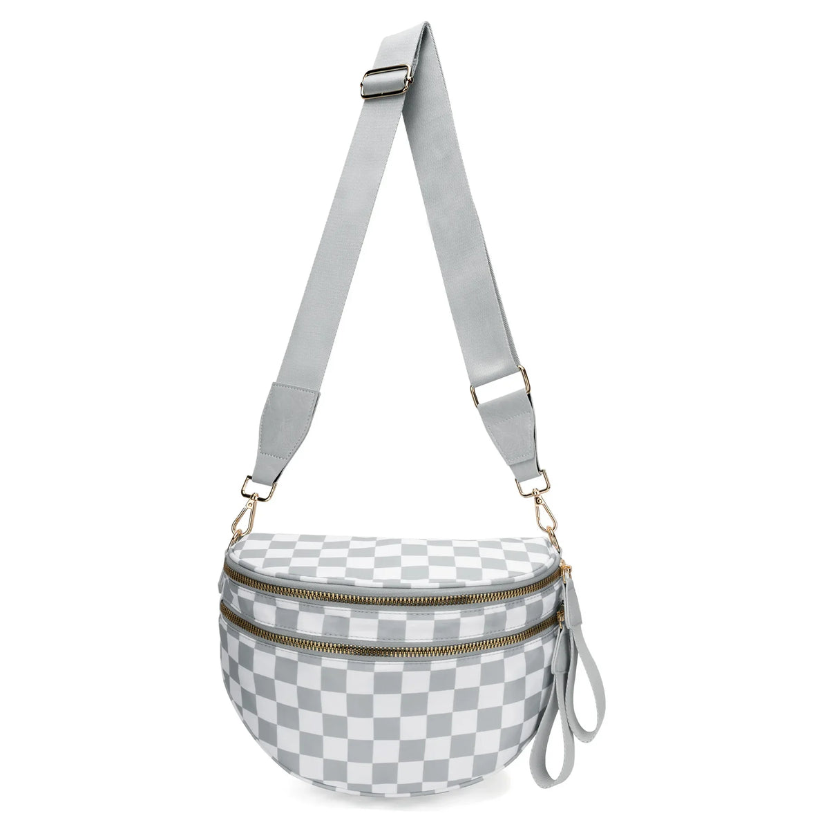 Hellgrabe karierte Crossbodytasche mit passendem Riemen.