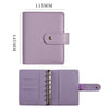 A purple leather ring binder notebook with a 115mm x 145mm size and a matching cover.