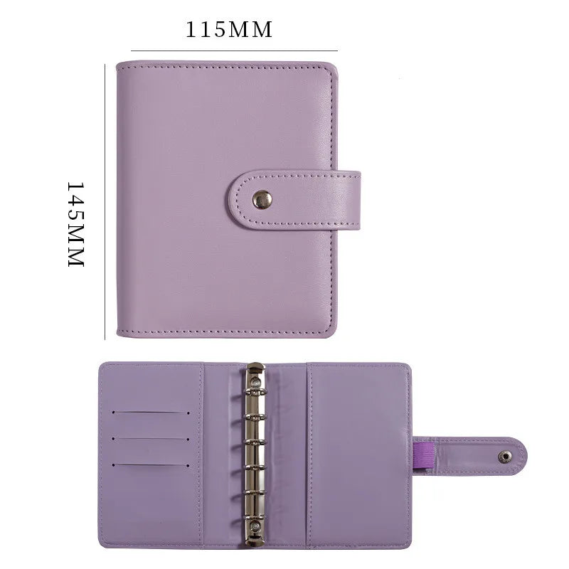 A purple leather ring binder notebook with a 115mm x 145mm size and a matching cover.