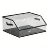 A clear, stackable hat organizer with a black frame and a slanted lid for closet storage.