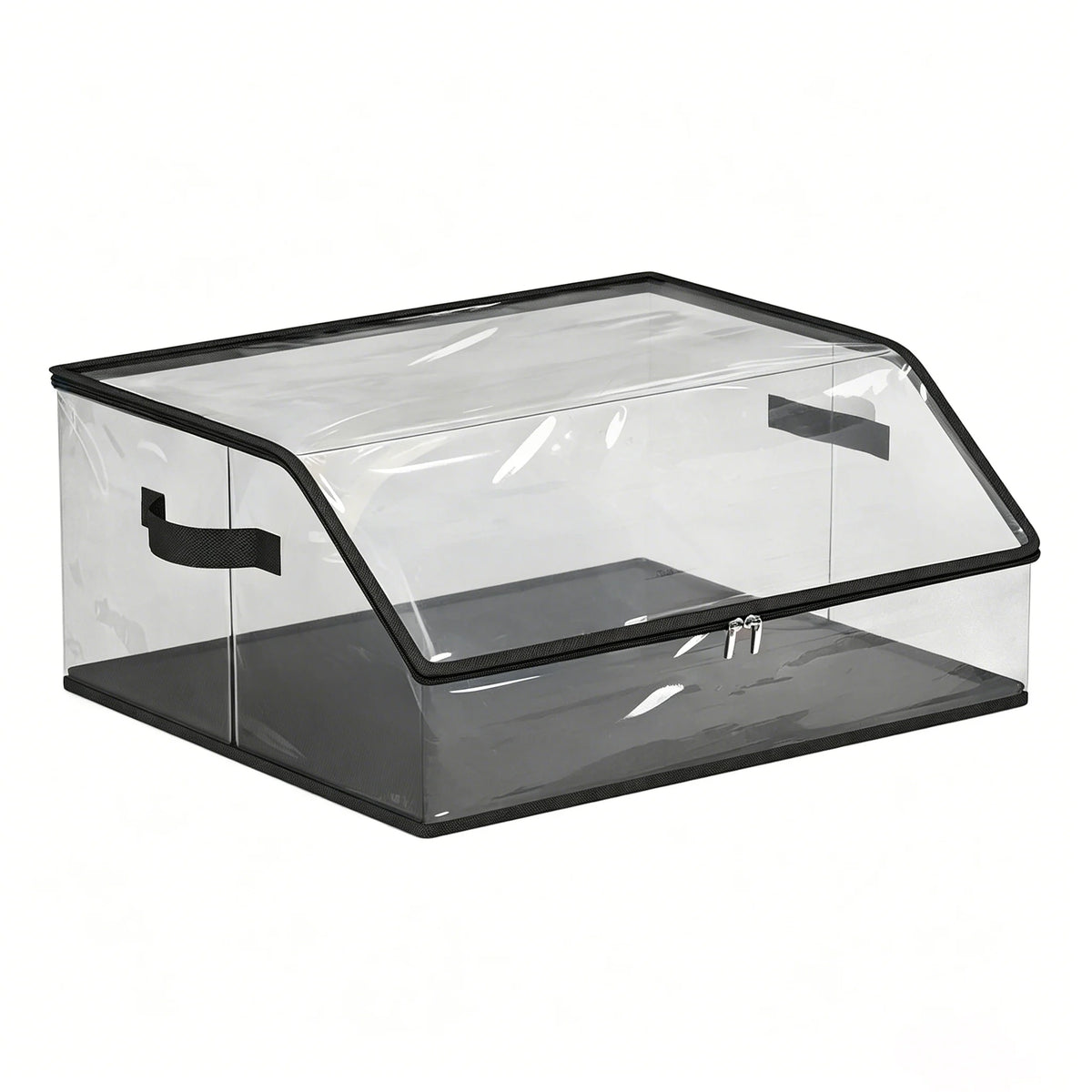 A clear, stackable hat organizer with a black frame and a slanted lid for closet storage.