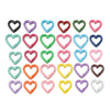 A collection of heart-shaped metal spring clasps in various colors and finishes.