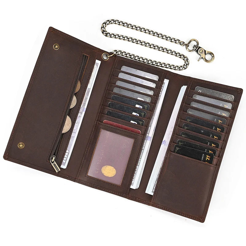 A brown genuine leather bifold wallet with a metal chain, displaying various card slots.