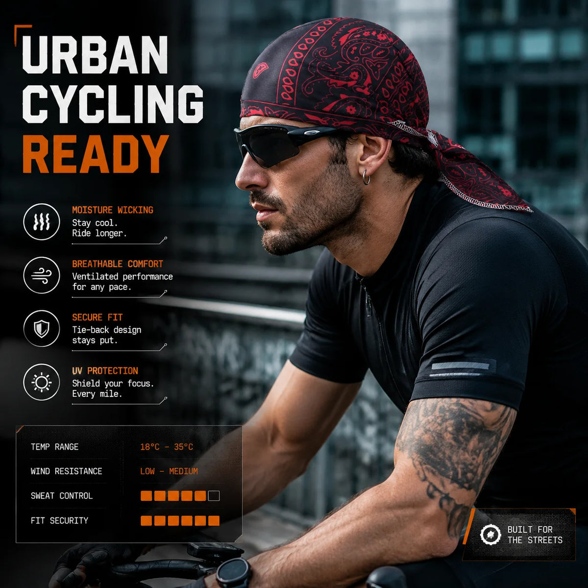A man wearing a black cycling jersey and sunglasses is ready for urban cycling, featuring a red patterned bandana.