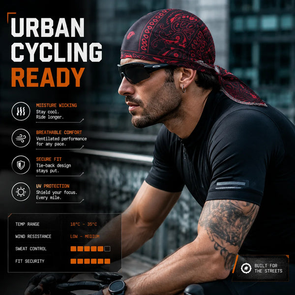 A man wearing a black cycling jersey and sunglasses is ready for urban cycling, featuring a red patterned bandana.