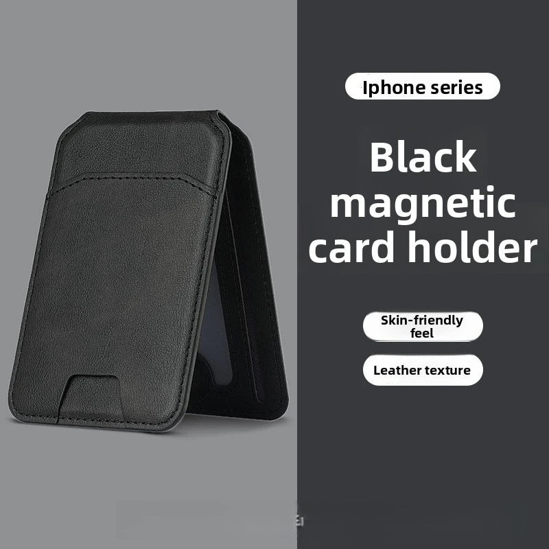 Porte-cartes magnétique noir pour iPhone avec texture de cuir.