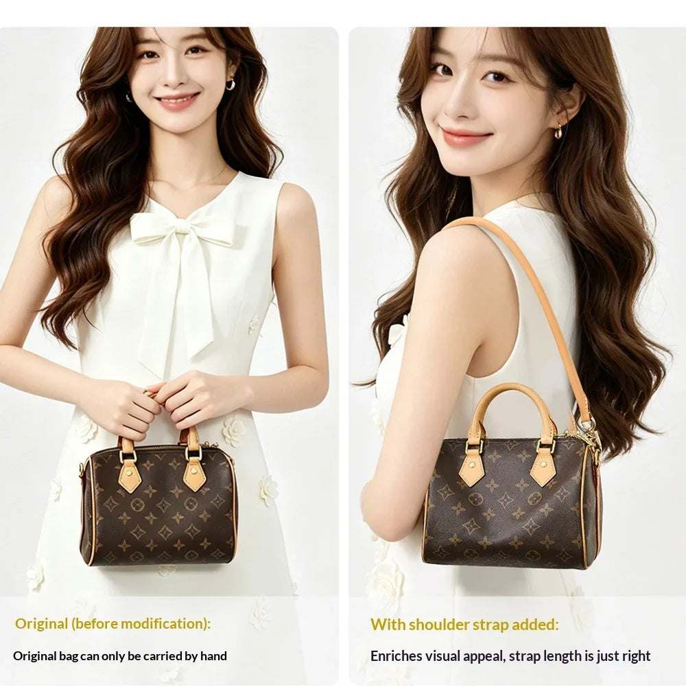 A woman models a brown synthetic leather bag with a gold strap, shown in two views.