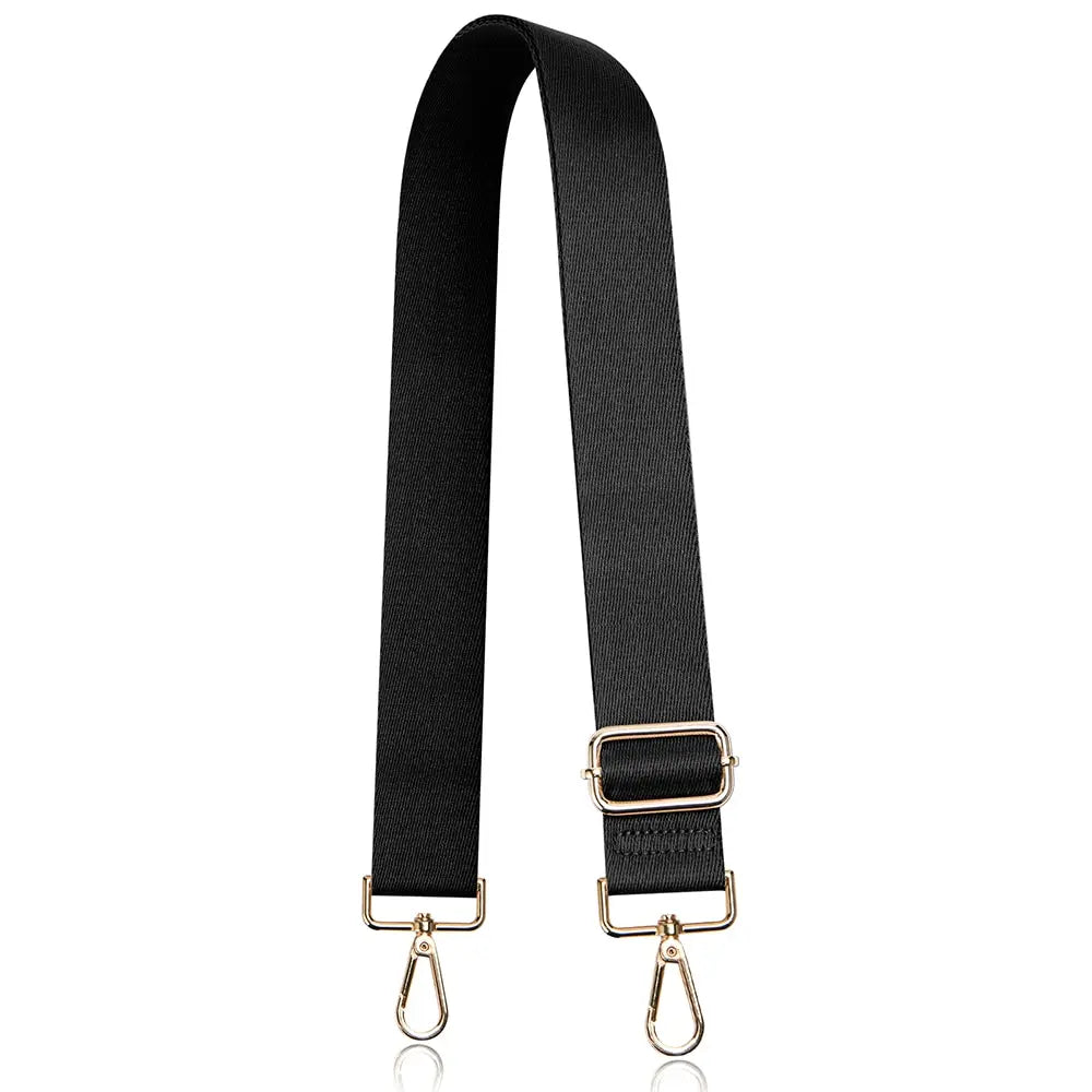 Black nylon crossbody bag strap with gold-toned hardware