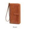 A brown PU leather zipper clutch wallet with a leather strap and flap.