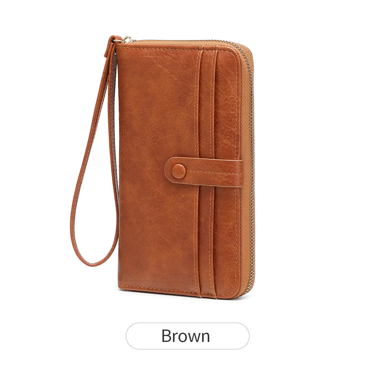 A brown PU leather zipper clutch wallet with a leather strap and flap.