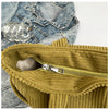 A close-up of a mustard yellow corduroy handbag with a silver zipper, set against a denim background.