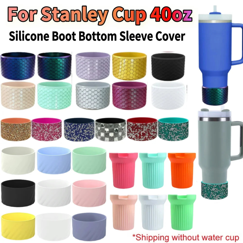 A collection of silicone boot bottom sleeve covers for a Stanley 40oz cup in various colors and patterns.
