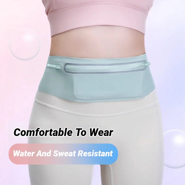 A light blue waist pack worn around the abdomen of a person wearing white athletic pants.
