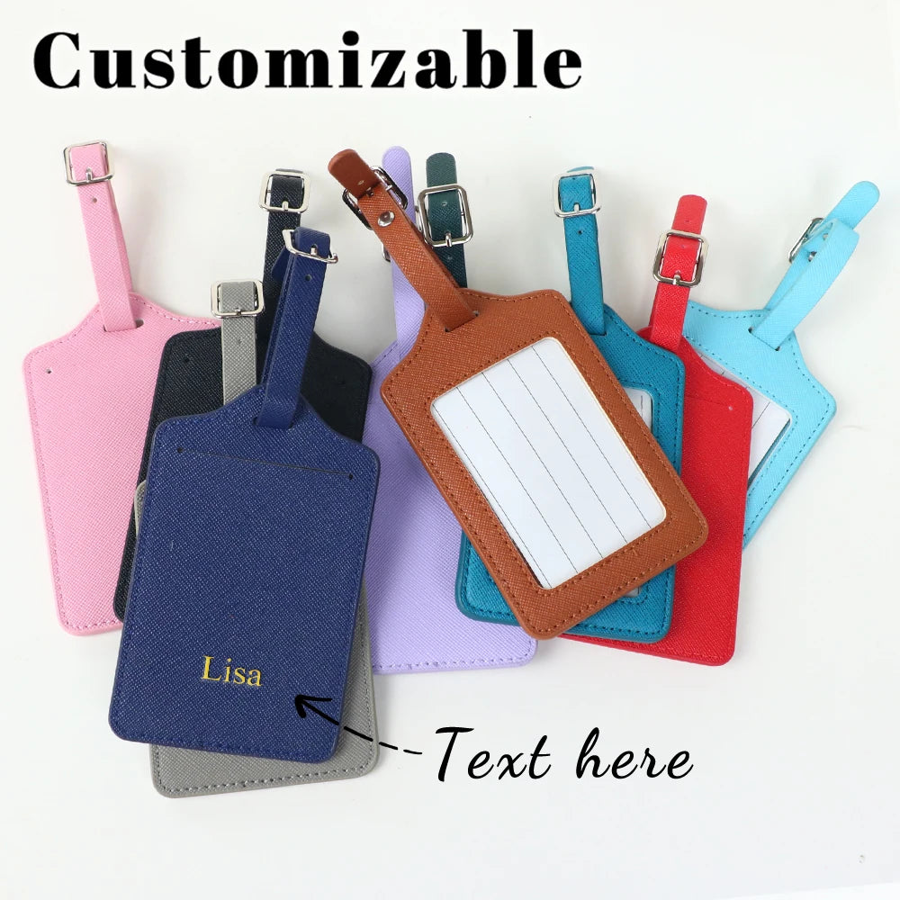 A set of two customizable PU leather luggage tags in various colors, including pink, blue, purple, and red.