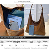 A brown PU leather slouchy hobo shoulder bag is shown open, revealing it holds a smartphone and other items.