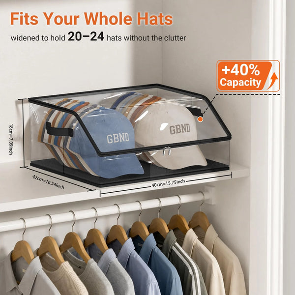 A clear plastic hat organizer with a black base holds 20-24 hats for closet storage.
