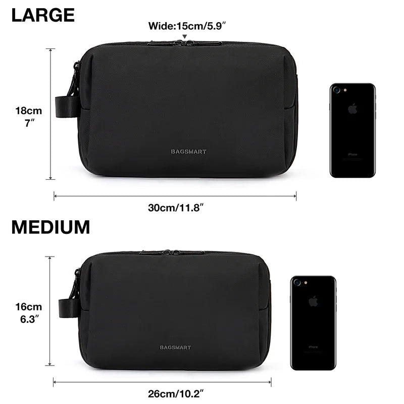 Black Bagsmart cosmetic toiletry bag shown next to an iPhone for size comparison.