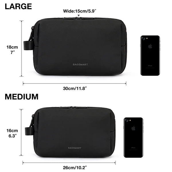 Black Bagsmart cosmetic toiletry bag shown next to an iPhone for size comparison.