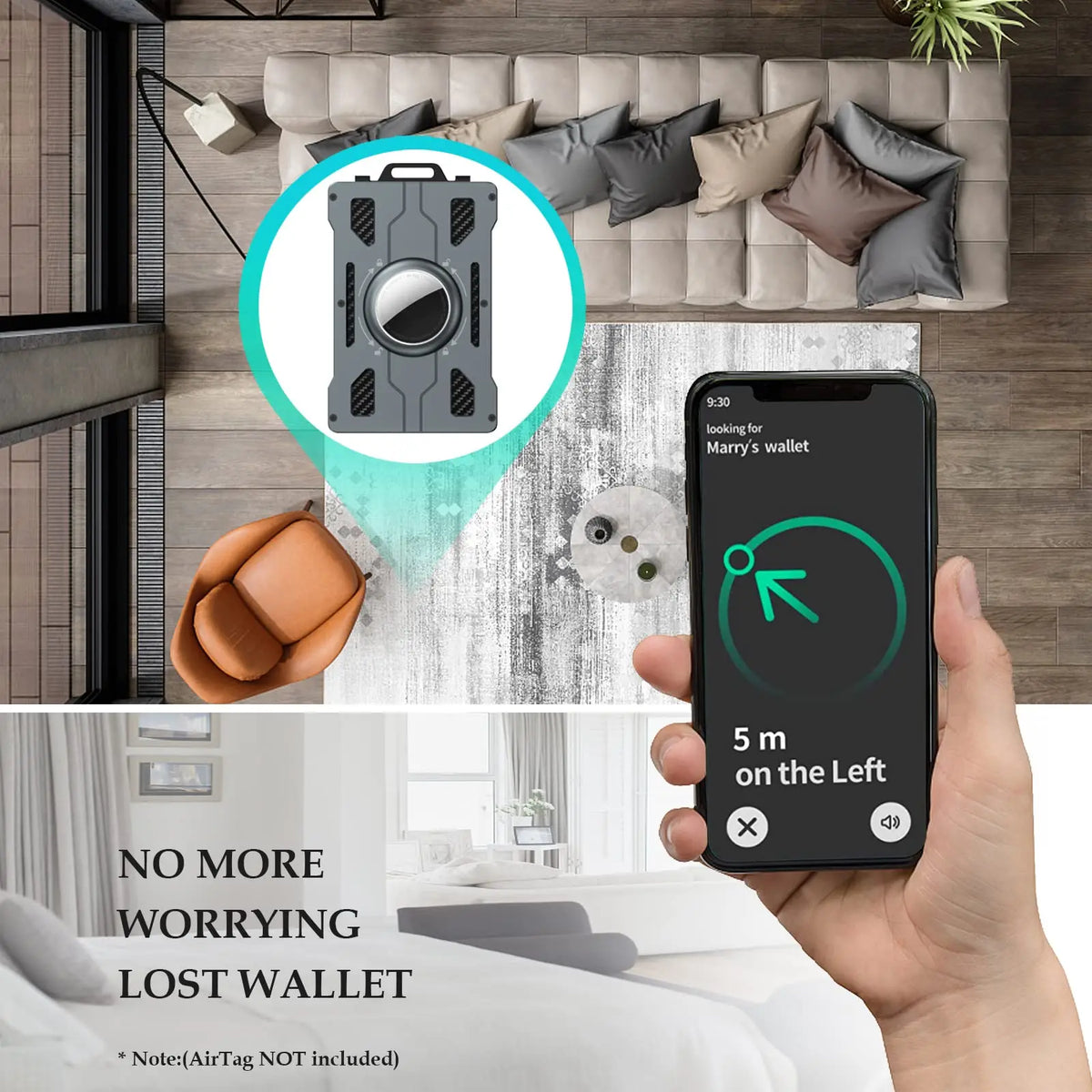 A hand holds a smartphone displaying a location alert for a lost wallet, next to a slim metal card holder.