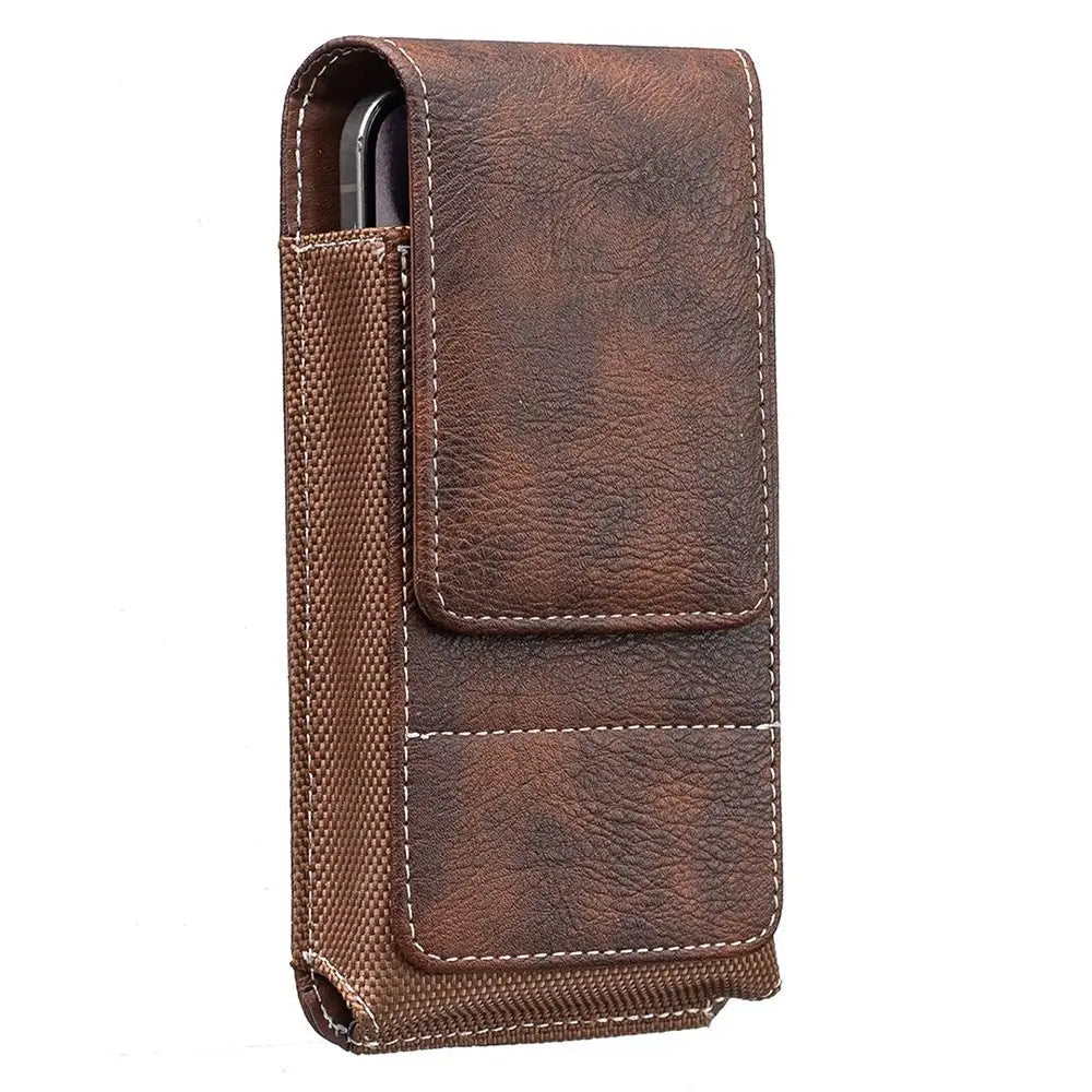 A brown PU leather phone waist pouch featuring a belt clip and stitched details.