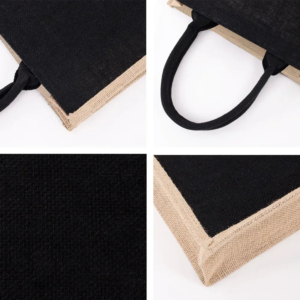 Schwarze Stofftasche mit natürlichem Jute-Burlap-Verzierung und schwarzem Trageriemen.