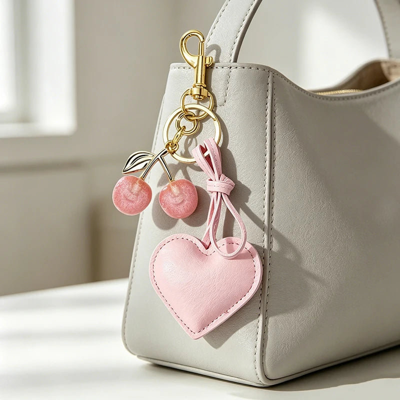 A light gray leather handbag with a pink cherry heart keychain attached to the zipper pull.