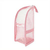 Bolsa cosmética de malla rosa para viajar con tapa bisagra y ventana de plástico transparente.