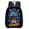 A dark blue backpack featuring a cartoon video game controller design with an orange and yellow text that reads GAMEER.