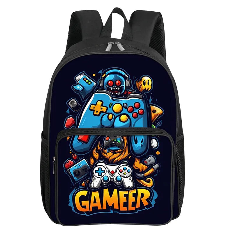 A dark blue backpack featuring a cartoon video game controller design with an orange and yellow text that reads GAMEER.