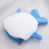 A cute blue shark mini plush coin purse wallet with a white body and zipper.