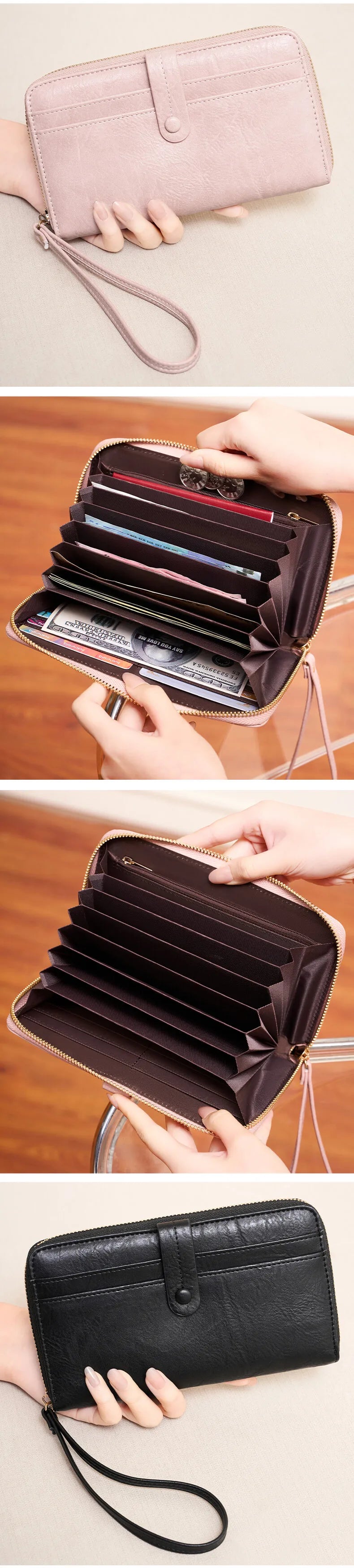 A close-up of a black PU leather zipper clutch wallet being held by a hand.