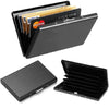 A black slim card holder wallet with a skull design, shown in various folded and open configurations.