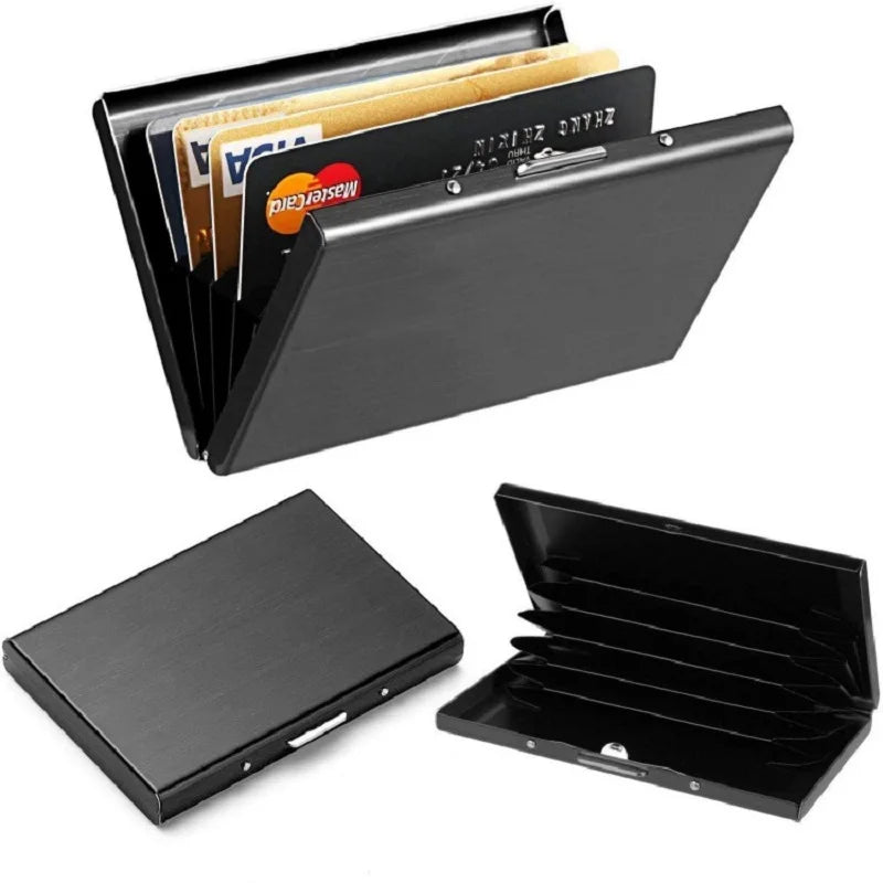 A black slim card holder wallet with a skull design, shown in various folded and open configurations.