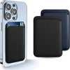 A black leather card wallet and a navy blue leather case for an iPhone.