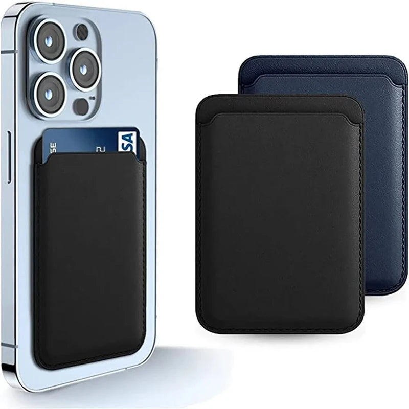 A black leather card wallet and a navy blue leather case for an iPhone.
