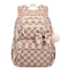 Rosa und beige karierte Cordhosen-Schultasche für Mädchen mit Schleifendetail.