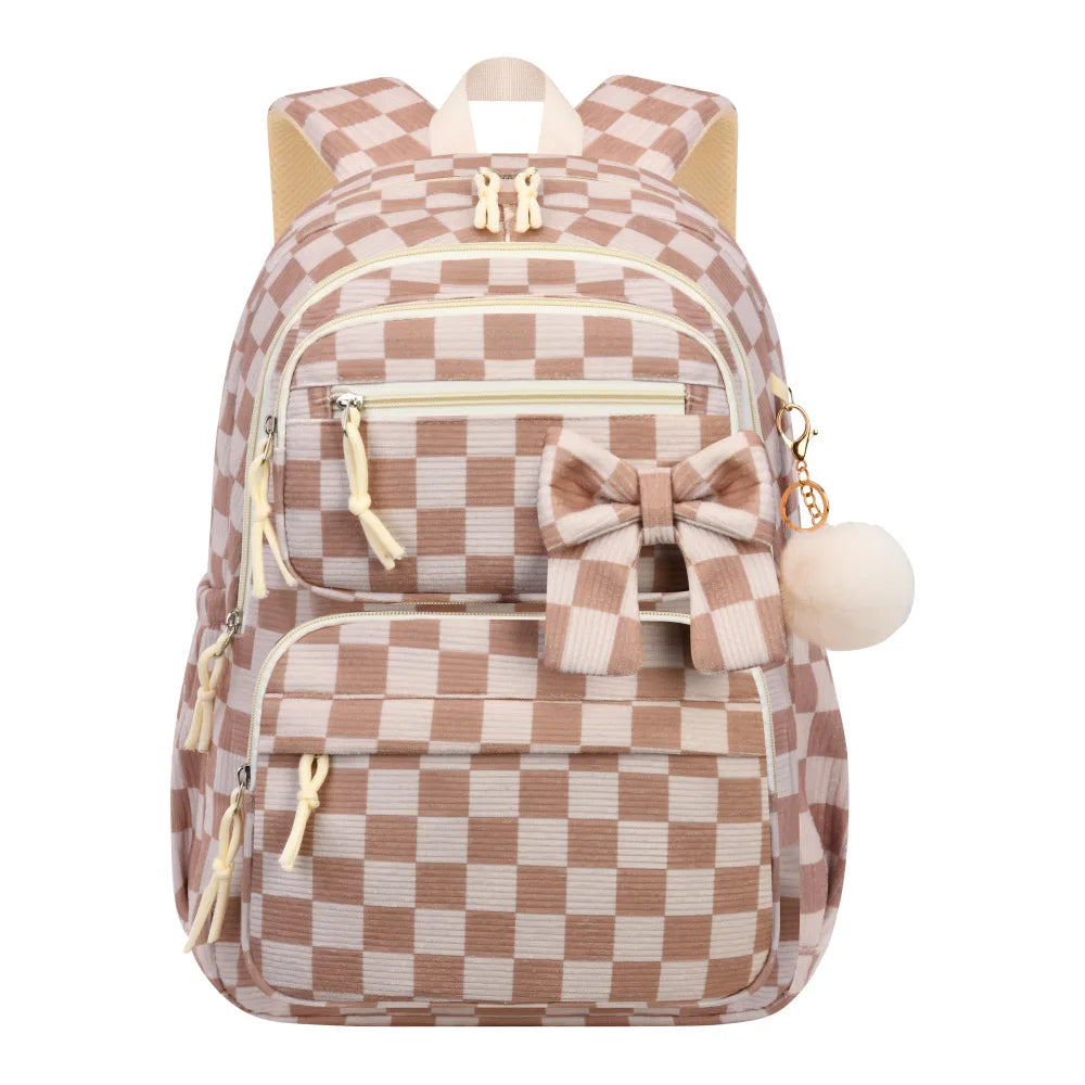 Rosa und beige karierte Cordhosen-Schultasche für Mädchen mit Schleifendetail.