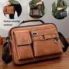 Sac bandoulière en cuir faux marron avec différentes façons de le transporter et détails rapprochés.
